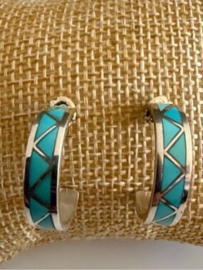 RGF Native American Navajo Sterling Silver Turquoise Inlay Earrings Handmade